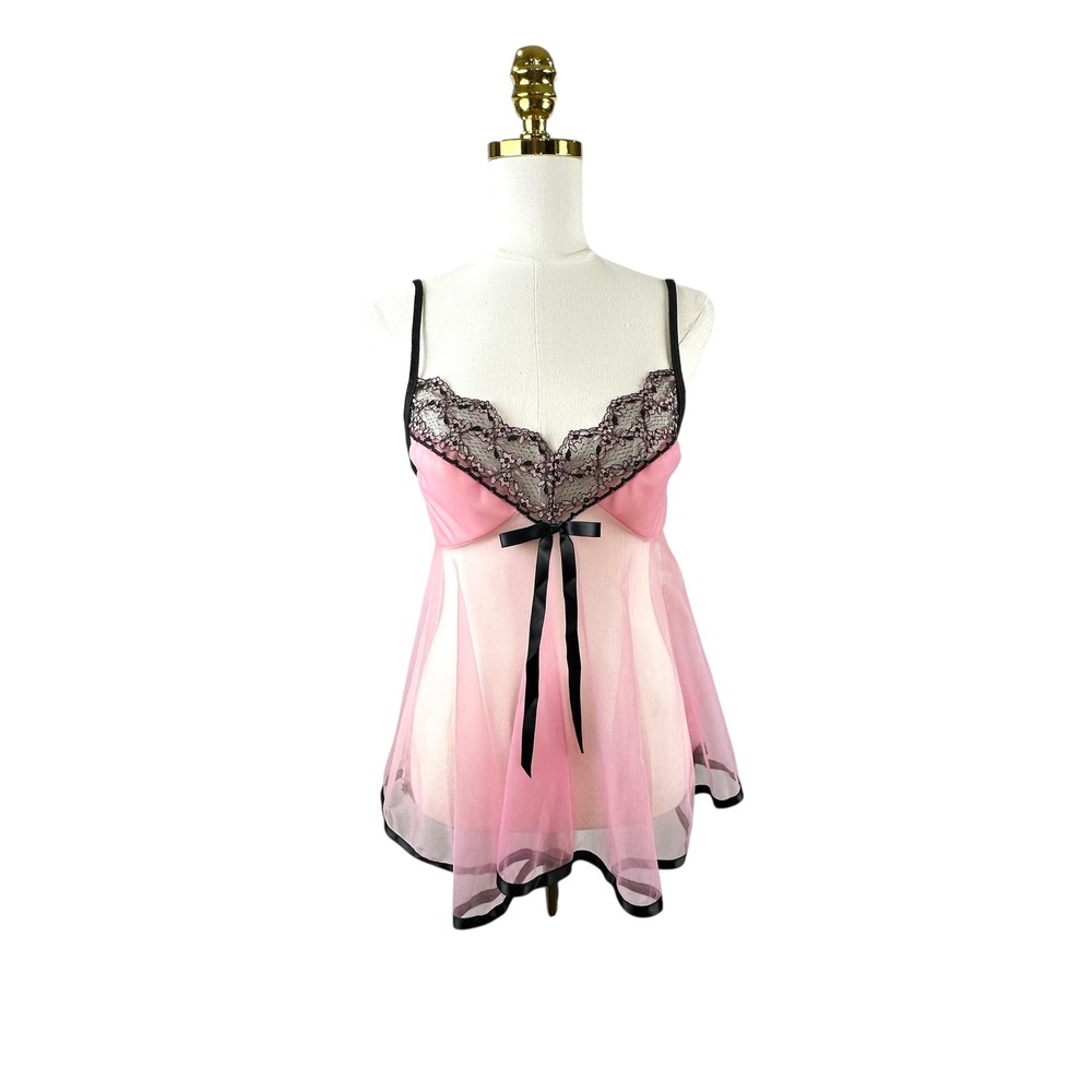 Vintage Y2K Pink Black Lace Trim Babydoll Chemise SM Lingerie Nightie Coquette